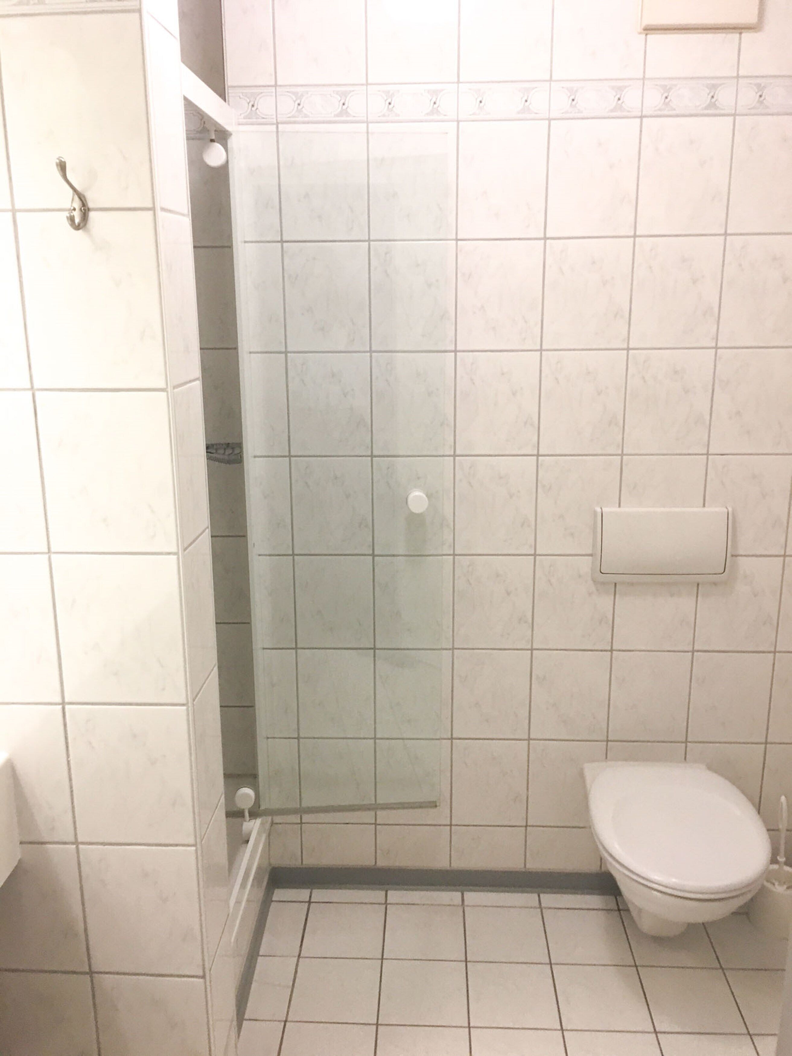 A bathroom with a glass-enclosed shower, a toilet, and a sink.