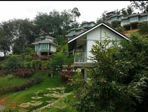 Una zona residencial en una ladera, con casas que tienen techos pronunciados y balcones.