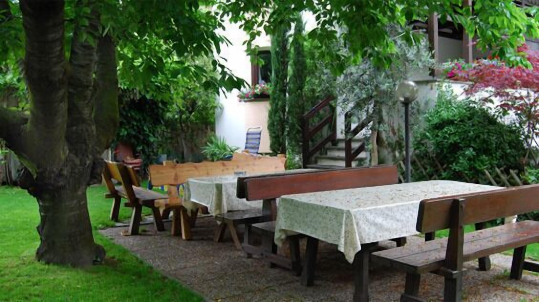 Un espacio al aire libre con bancos y mesas de madera, rodeado de abundante vegetación y un sendero de piedra.