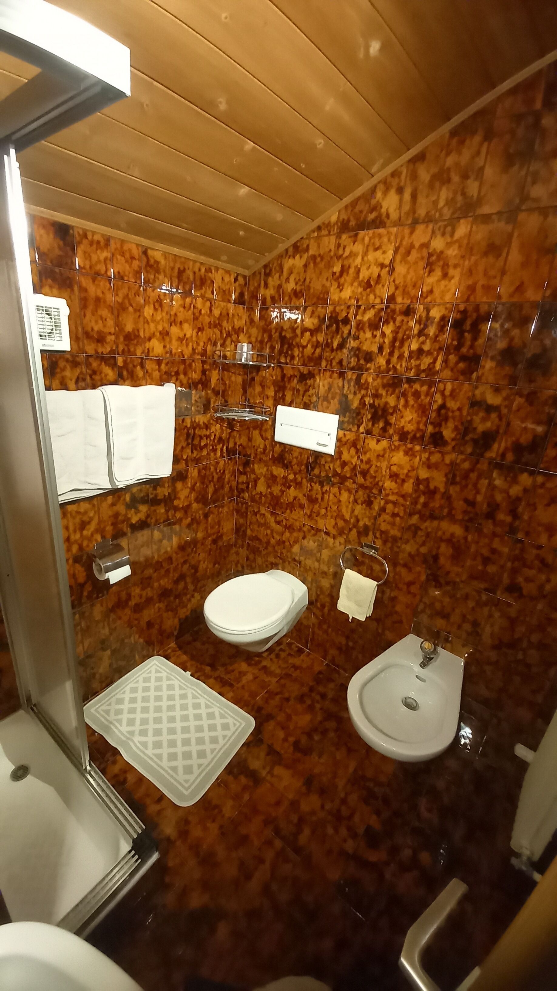 A bathroom with a wooden ceiling, a sink, a toilet, and a shower area.