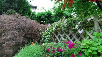 A garden with a wooden fence, various plants, and flowers.