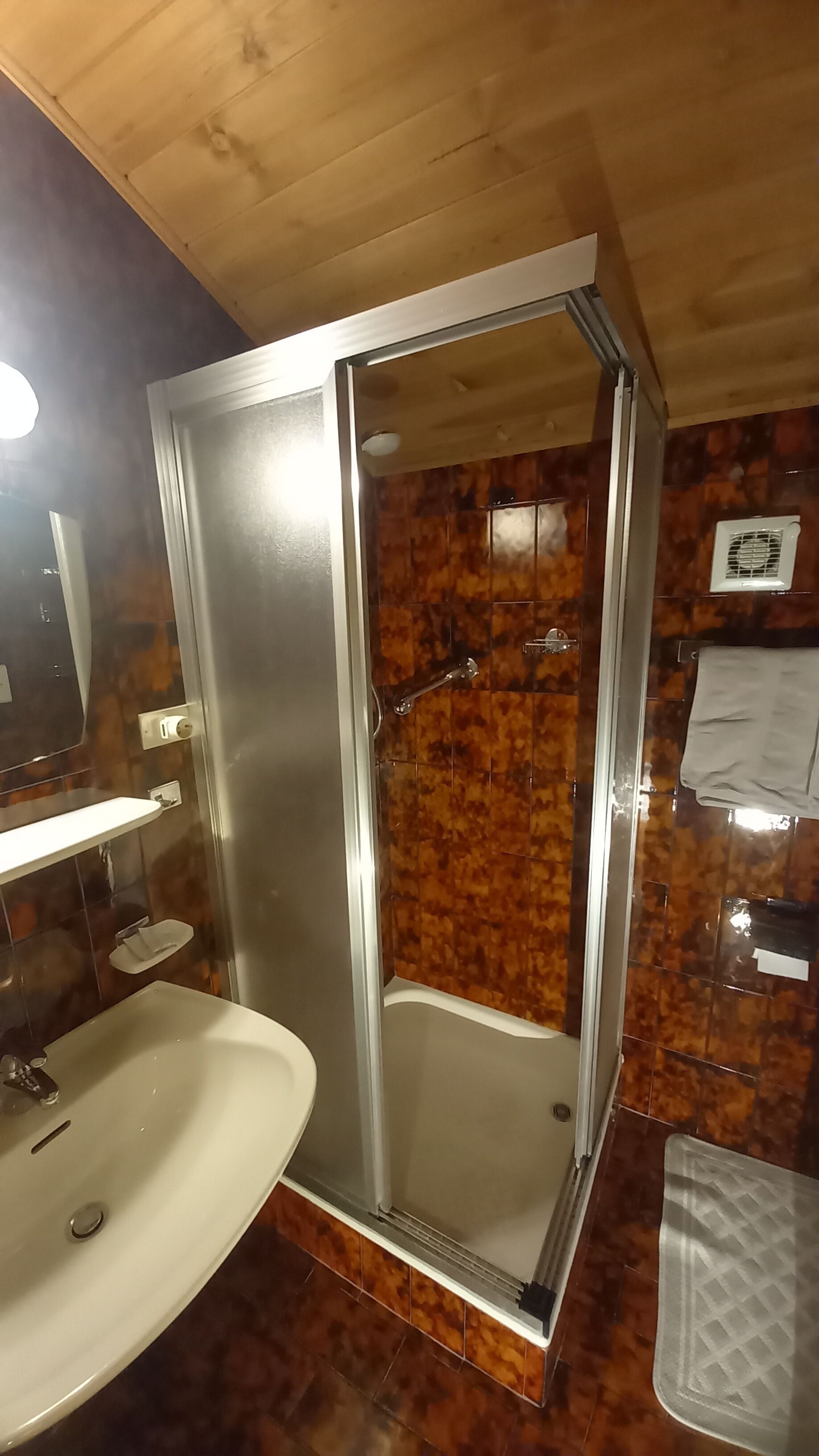 A bathroom with a shower, sink, and mirror.