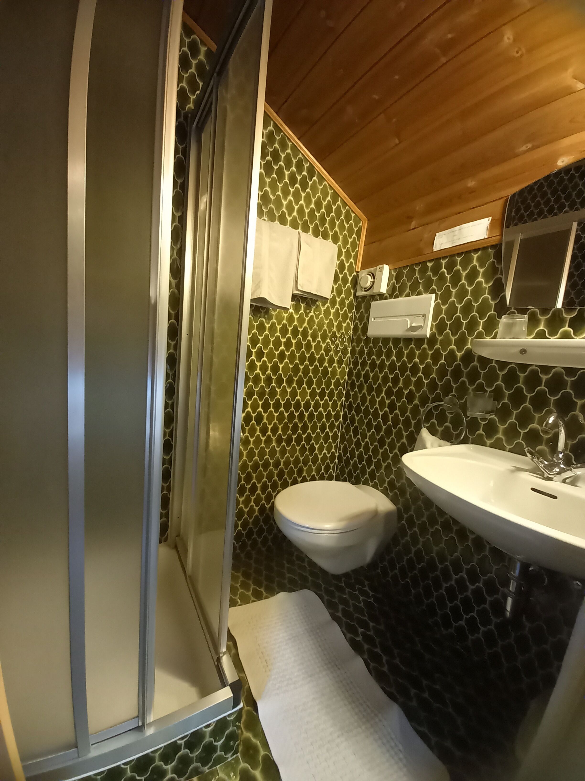 A bathroom with a shower, toilet, and sink.