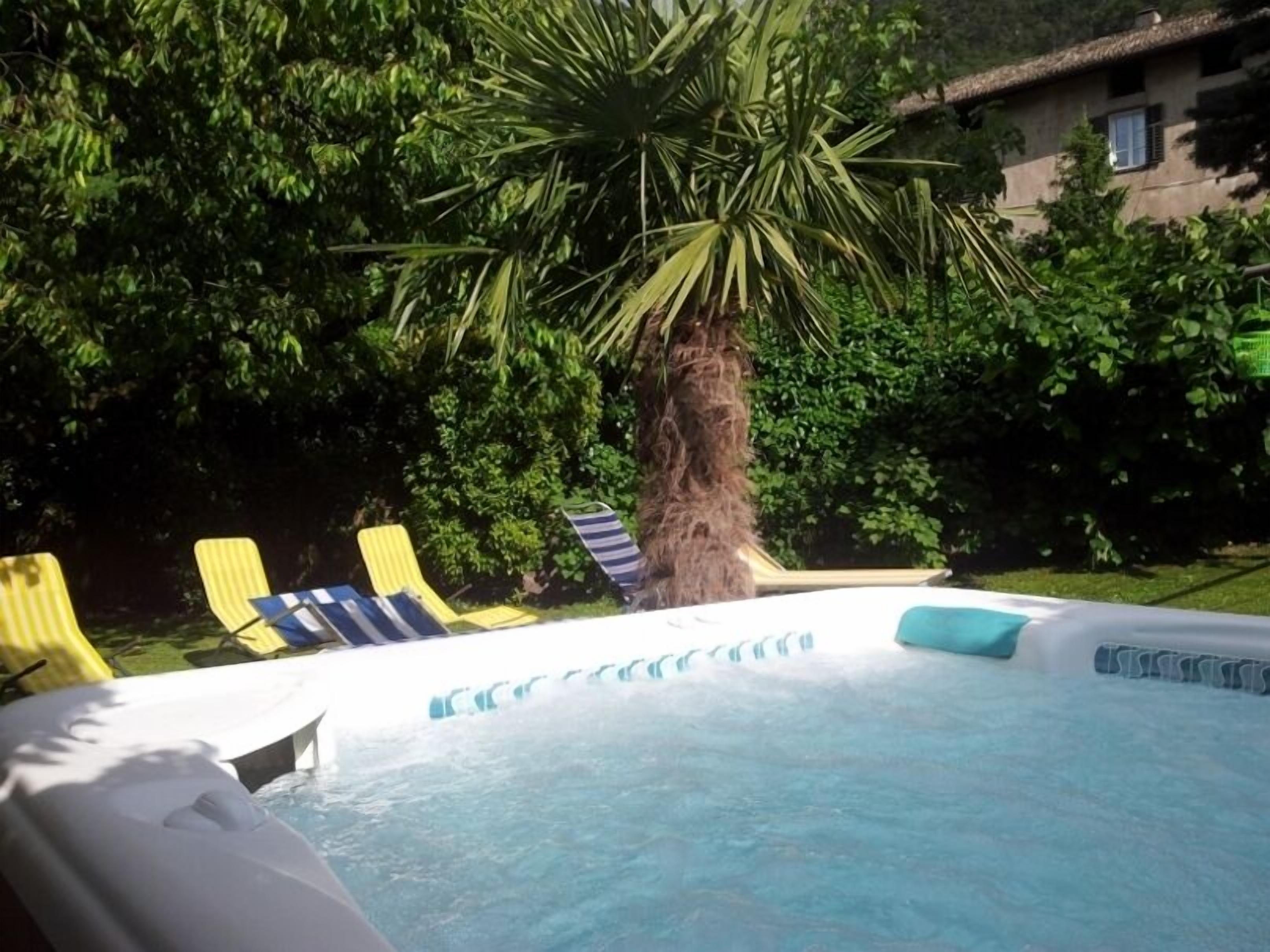 Ein Pool mit Liegestühlen und einer Palme.