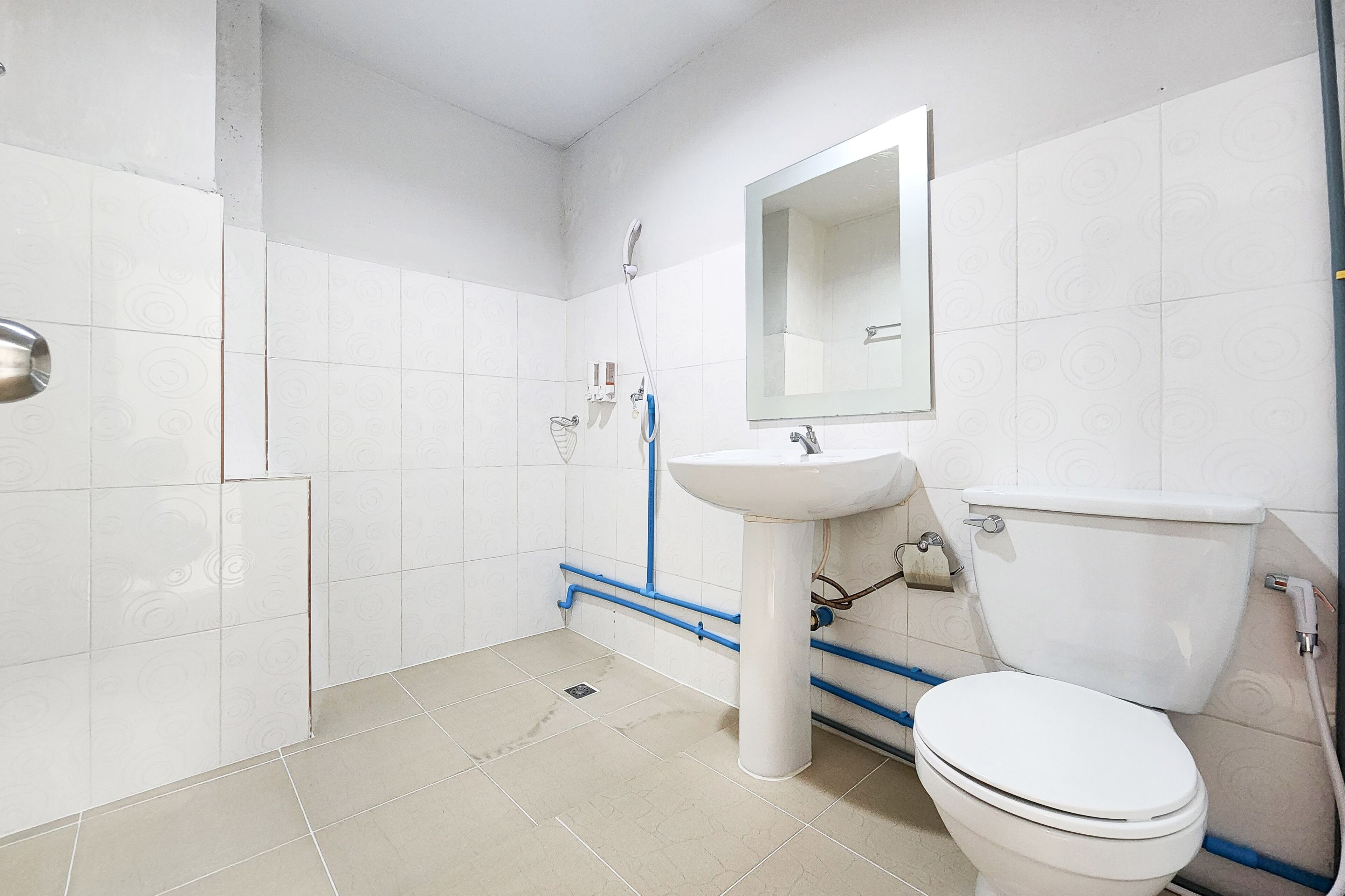 A bathroom with a white toilet, a pedestal sink, and a shower.