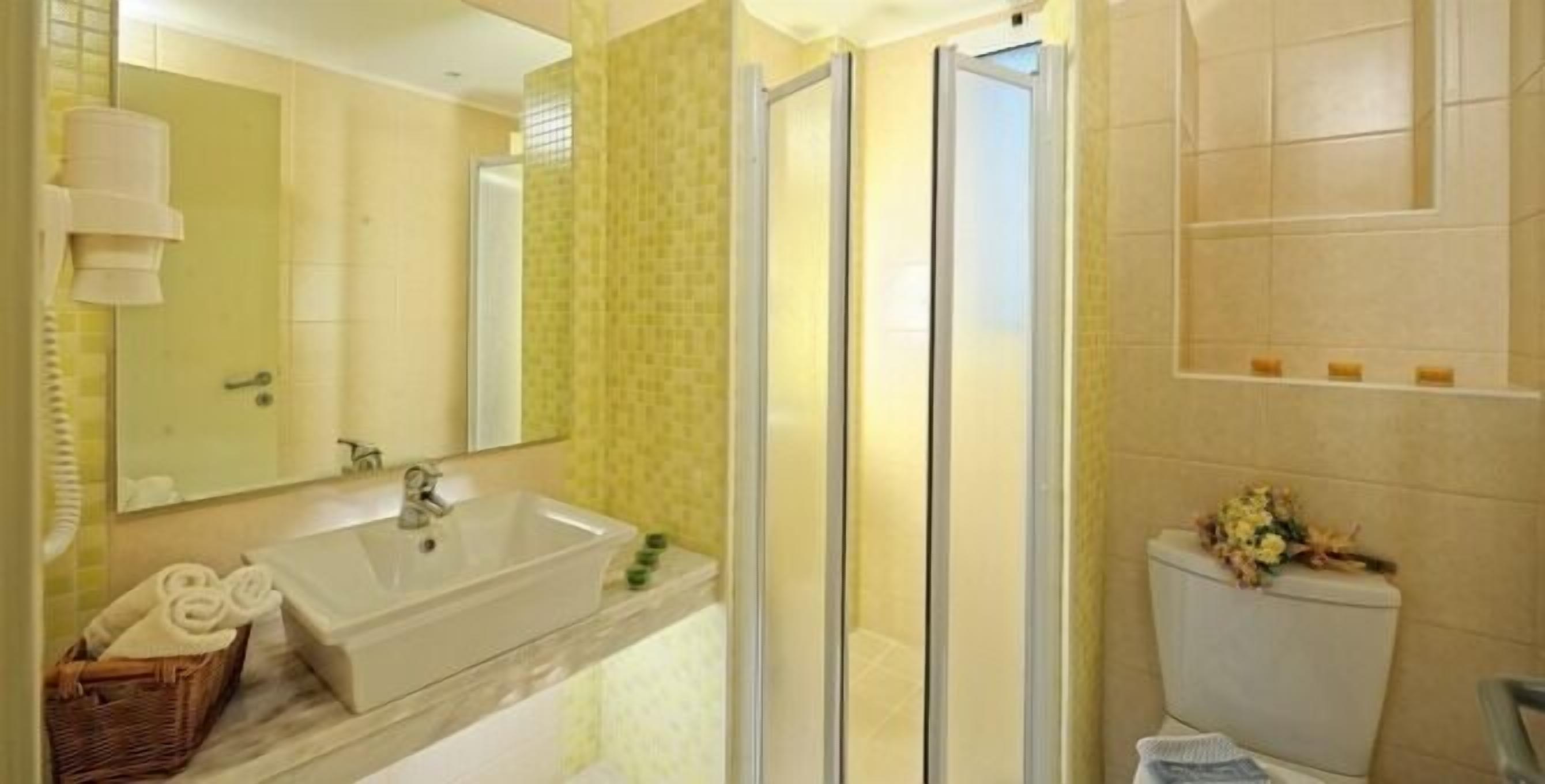 Une salle de bain avec un grand lavabo, un miroir, un espace douche et des toilettes.
