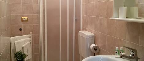 A bathroom with a shower, toilet, bidet, sink, and a small table with a plant.