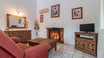 Una sala de estar con chimenea, televisor y sofá.