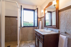 Shower, free toiletries, hair dryer, towels