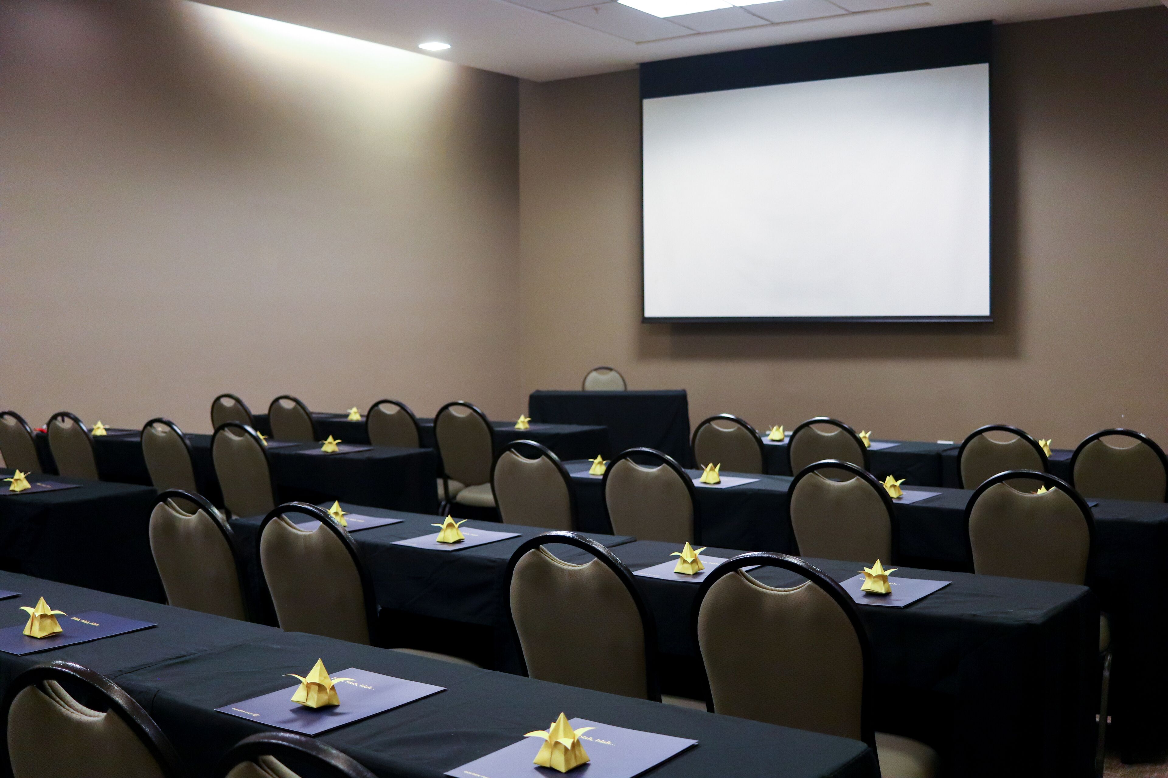 Une salle de conférence avec des rangées de tables, chacune étant agrémentée d’un porte-nom et d’un petit élément décoratif en papier.