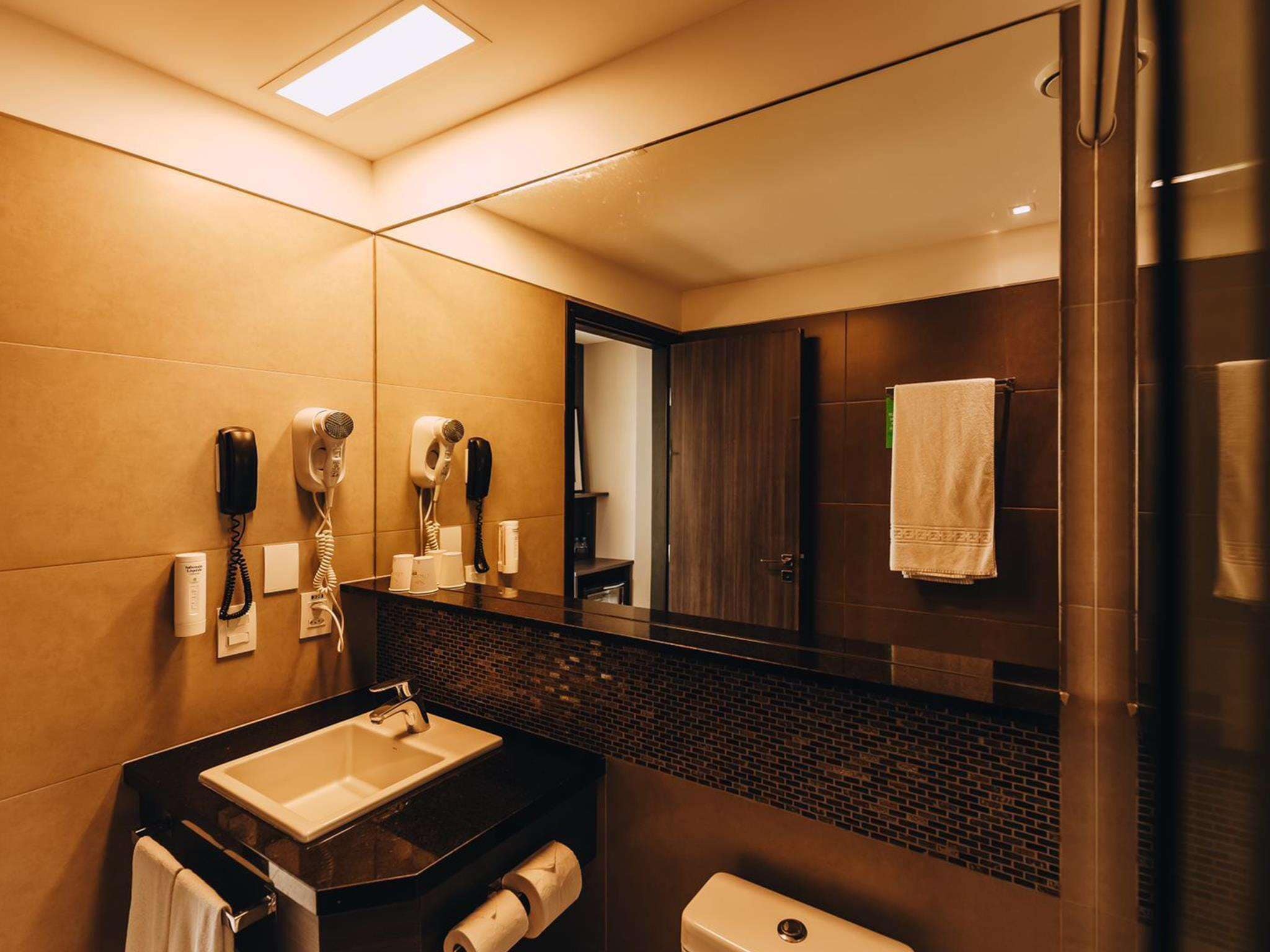 shower, eco-friendly toiletries, hair dryer, towels