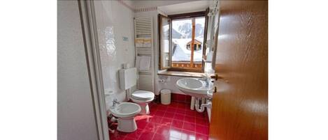 Un baño con dos inodoros, un lavamanos y una ventana con vistas a montañas nevadas.