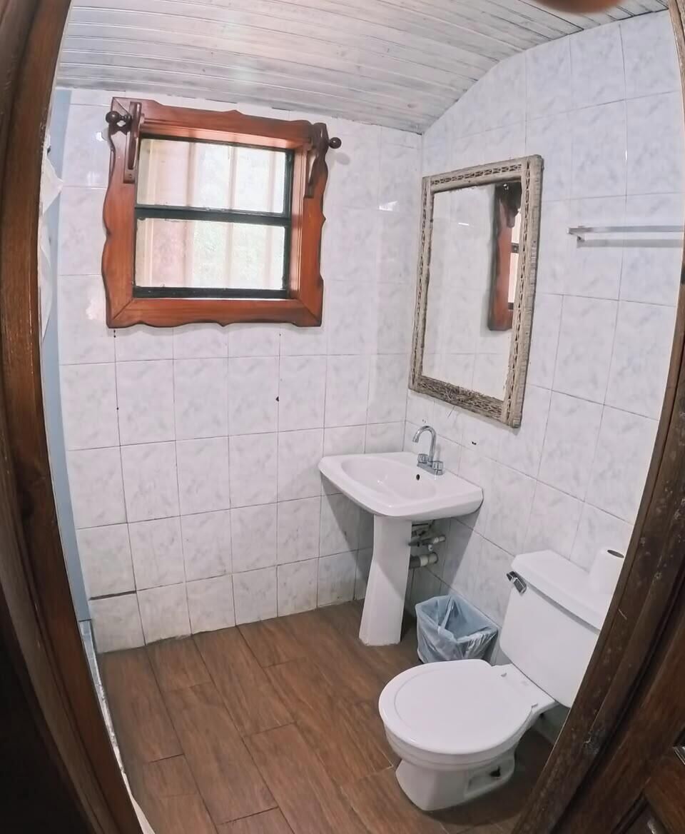 A bathroom with a wooden-framed window, a white sink, a mirror, and a toilet.