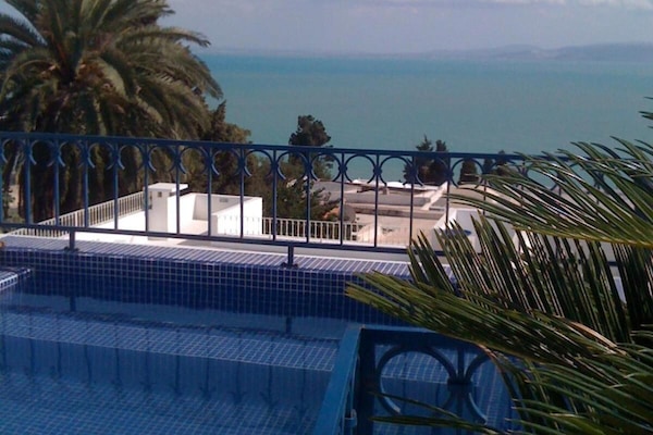 Alberca al aire libre y camastros