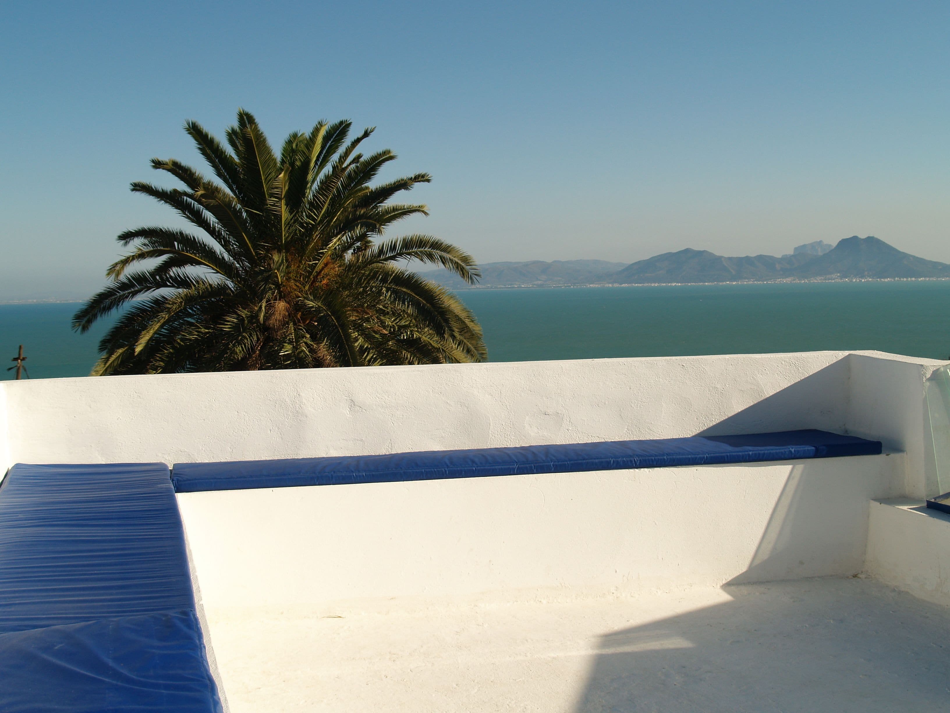 Un balcon blanc agrémenté de coussins bleus, offrant une vue sur la côte, avec un palmier et des montagnes à l’horizon.
