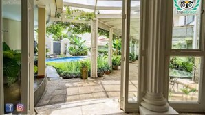 Un espacio al aire libre cubierto con piscina, plantas en macetas y una puerta de cristal que da a un patio.