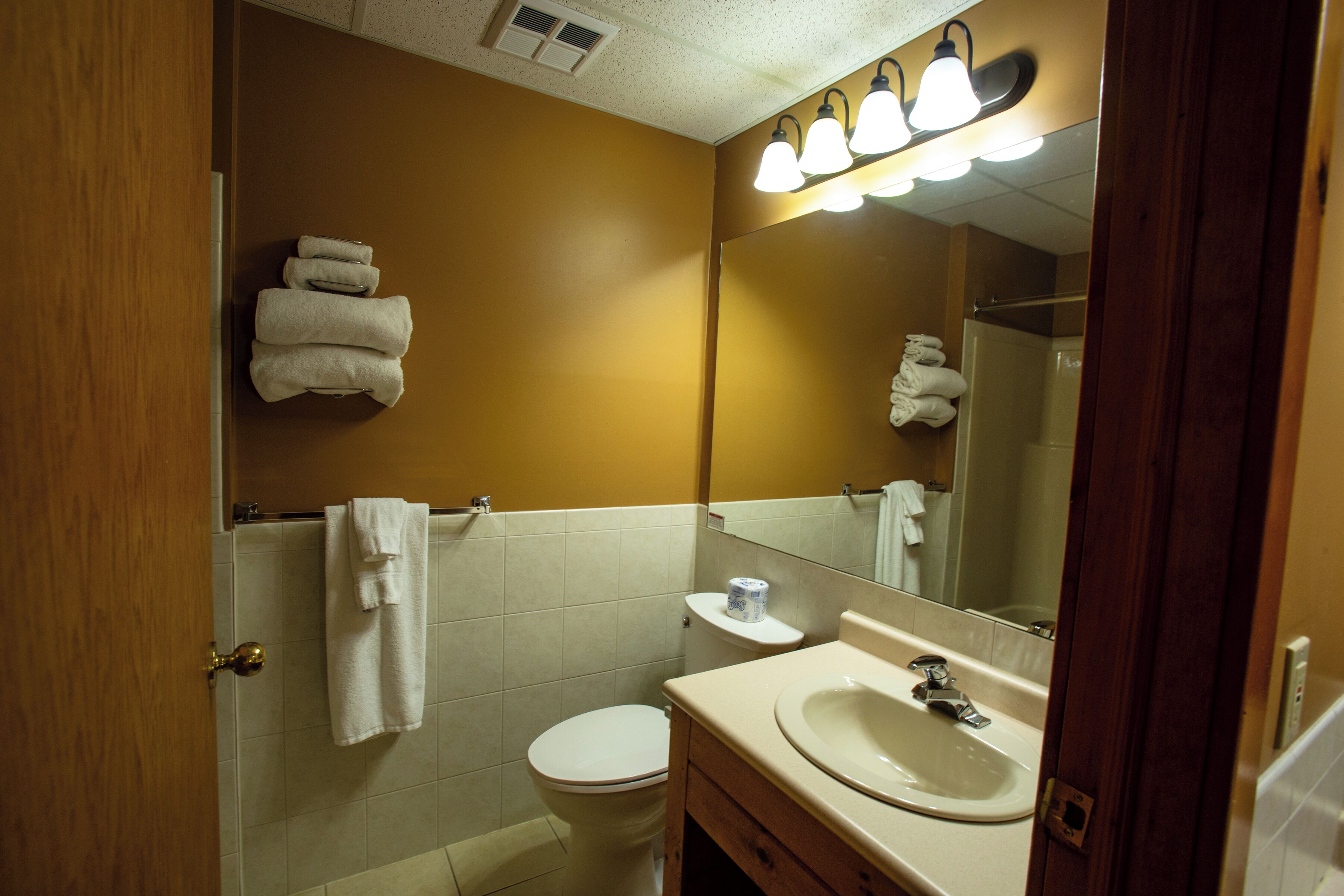A bathroom with a toilet, sink, and mirror. There are towels hanging on the wall and a light fixture above the mirror.