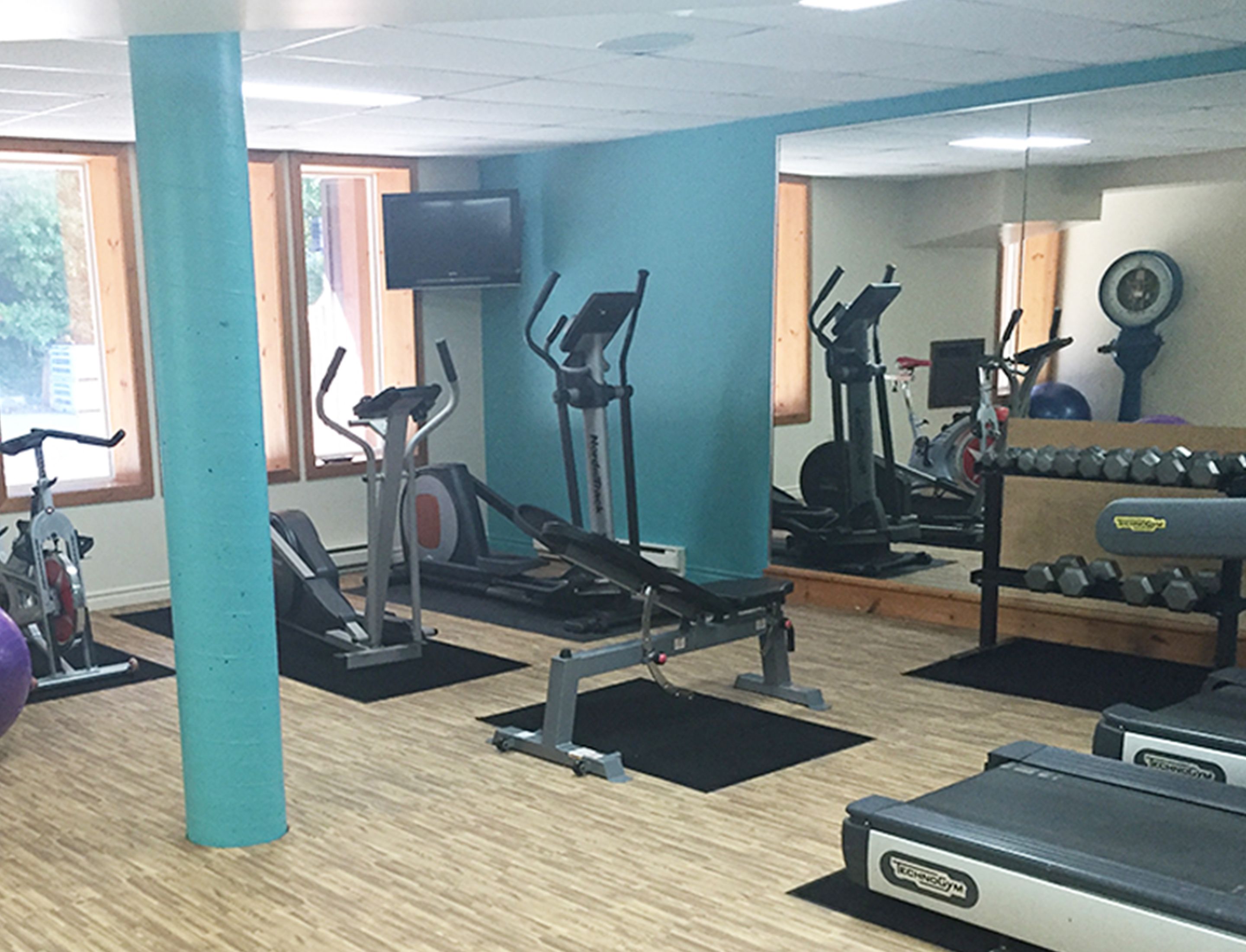 A gym with cardio machines, weight benches, and dumbbells.