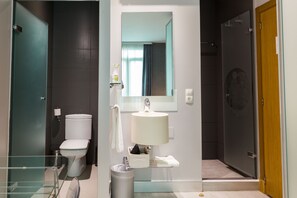 Ducha, cabezal de ducha con hidromasaje, secador de pelo, toallas