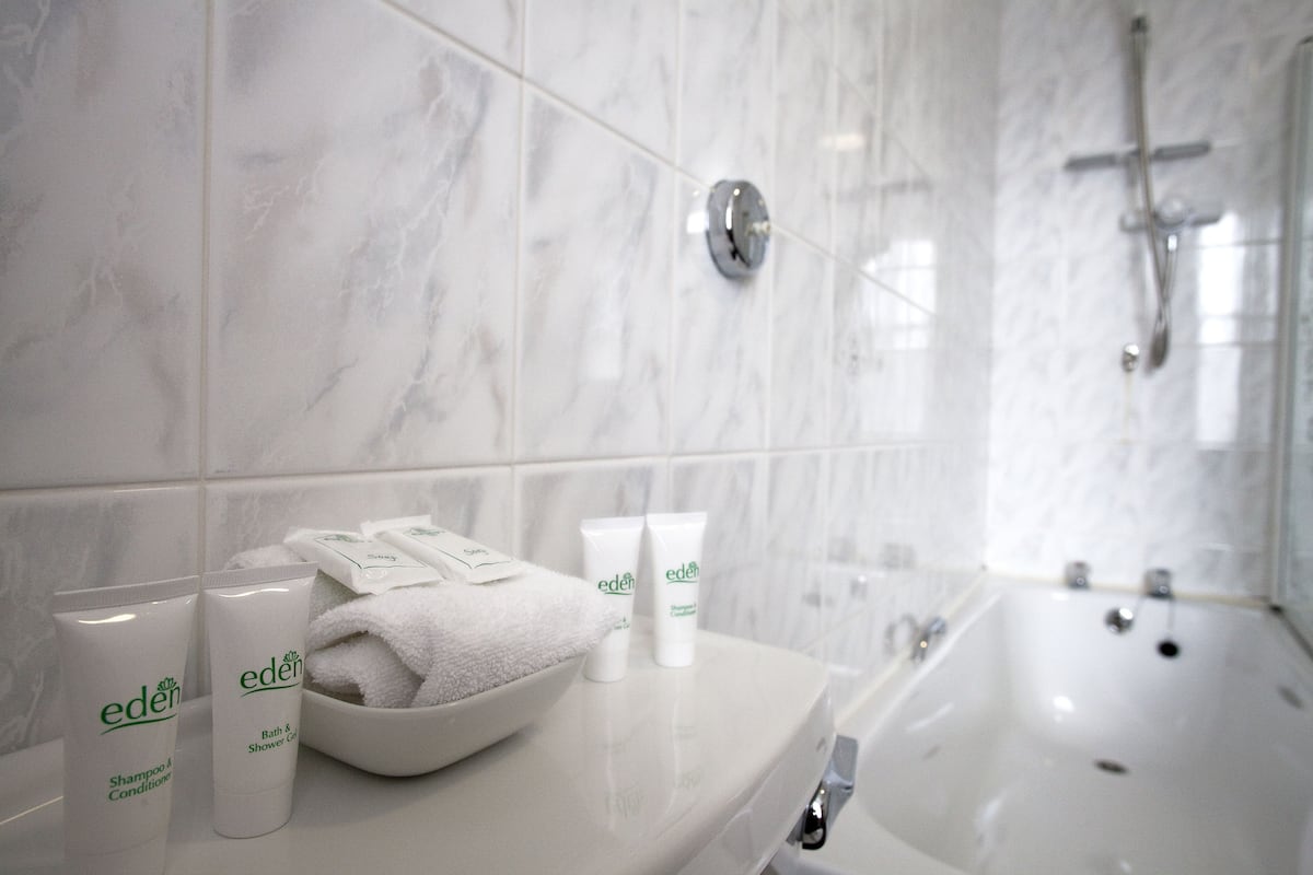 A bathroom with a white bathtub, a white sink, and two Eden brand shower products on the counter.