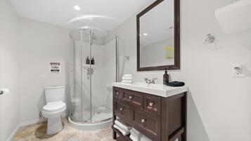 A modern bathroom with a glass-enclosed shower, a white toilet, and a dark wooden vanity with a mirror.