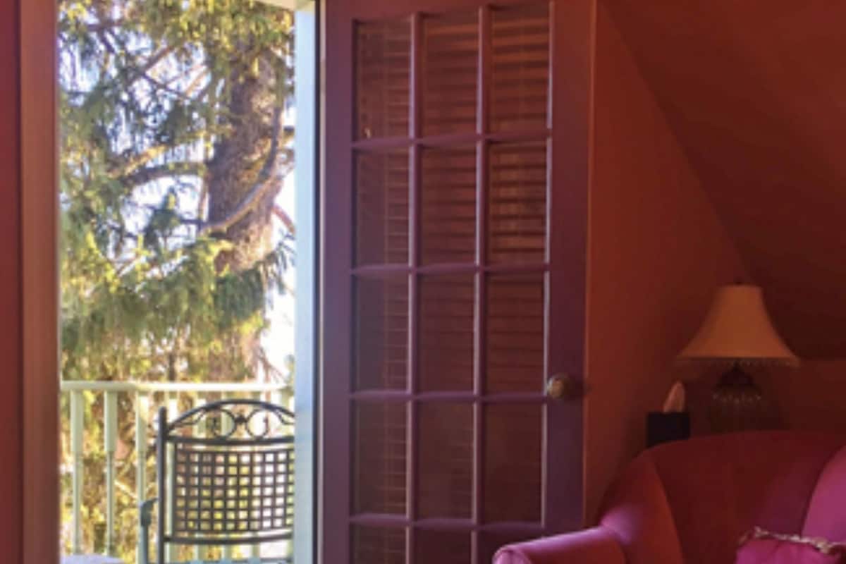 A room with a purple armchair, a bench outside a door, and a view of trees through the door.