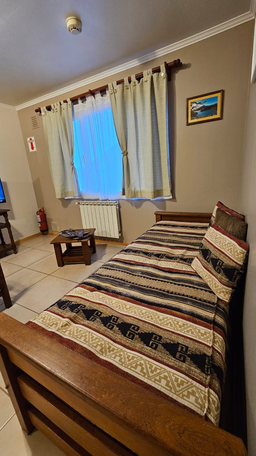 A bedroom with a bed, a window with curtains, a radiator, a fire extinguisher, and a framed picture on the wall.