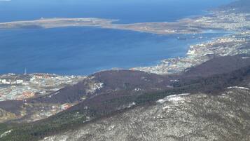 A coastal town with a mix of residential and industrial buildings, a large body of water, and snow-capped mountains in the background.