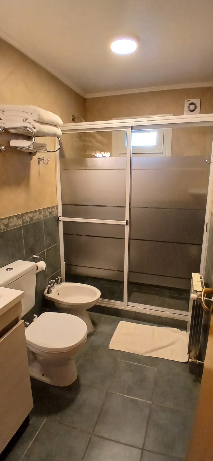 Een badkamer met toilet, bidet en een douche met glazen wanden.