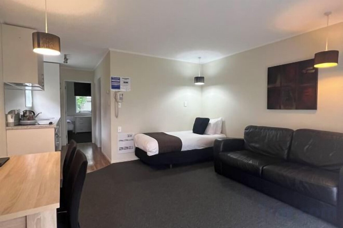 A compact room with a bed, a sofa, a dining table, and a kitchenette.