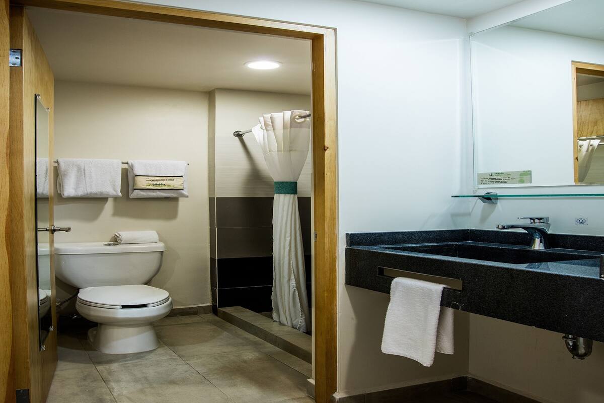 shower, free toiletries, towels