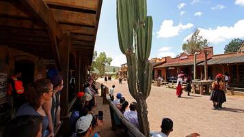 Edificio de madera con un cactus en primer plano y un grupo de personas al fondo.