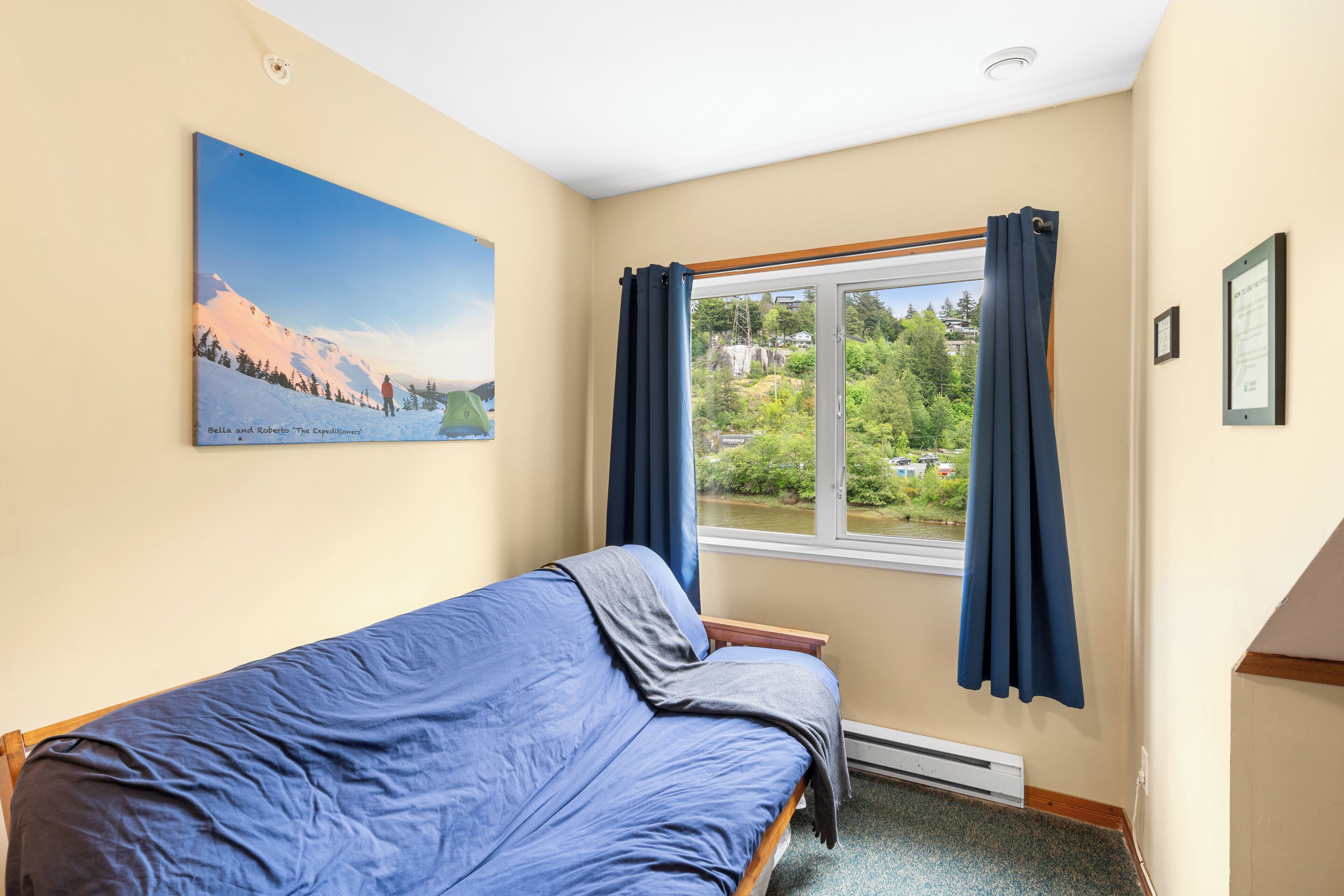 A room with a bed, a window with curtains, a painting on the wall, and a radiator.