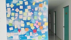 Un pasillo con una pared decorada con notas adhesivas coloridas y una escena de playa.