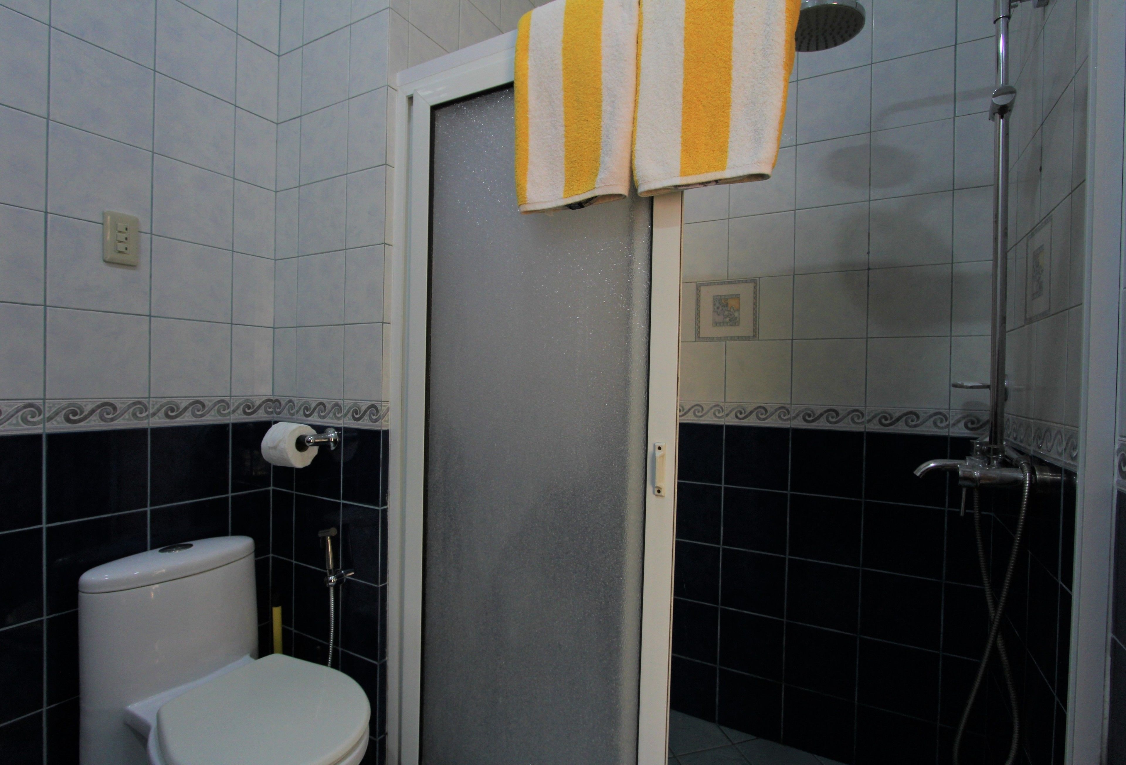 Ein Badezimmer mit Toilette, Dusche und einem Handtuch, das an der Tür hängt.