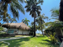 A thatched-roof massage house surrounded by palm trees and a well-maintained lawn.
