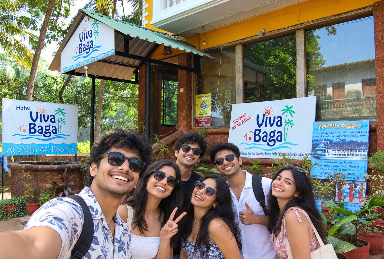 A group of people posing in front of Viva Baga Hotel, with signs indicating room availability and amenities.