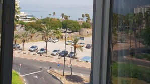 A view from a window overlooking a parking area with cars, palm trees, and a road leading to the sea. - Atara Hotel (Tiberias)