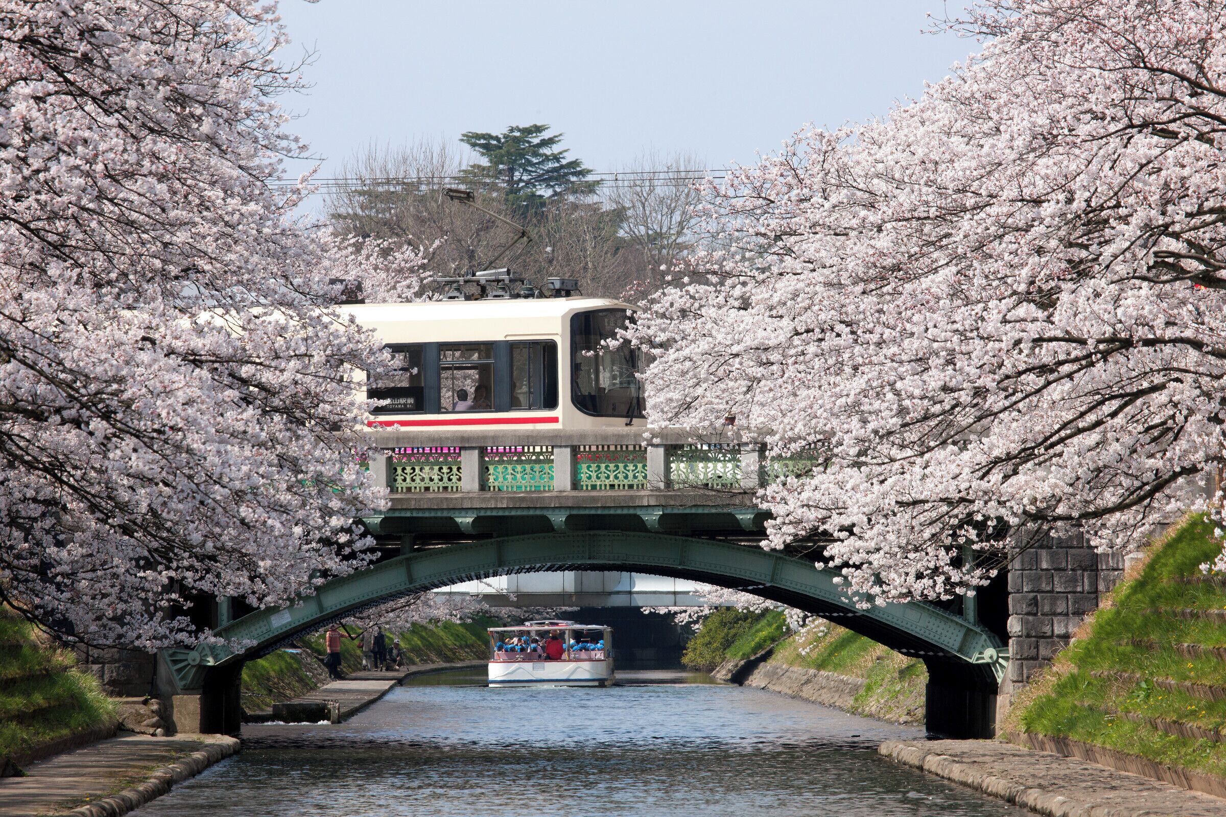 A river with a bridge and a boat.