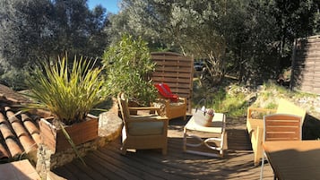 Un espace extérieur aménagé en terrasse, avec un sol en bois, des meubles en osier et des plantes en pot.