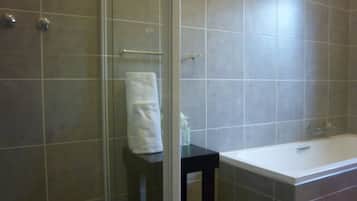 Combined shower/tub, towels, shampoo
