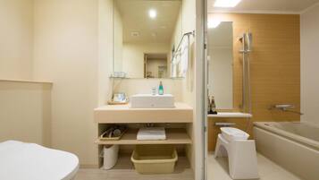 A modern bathroom with a bathtub, a separate shower area, and a toilet.