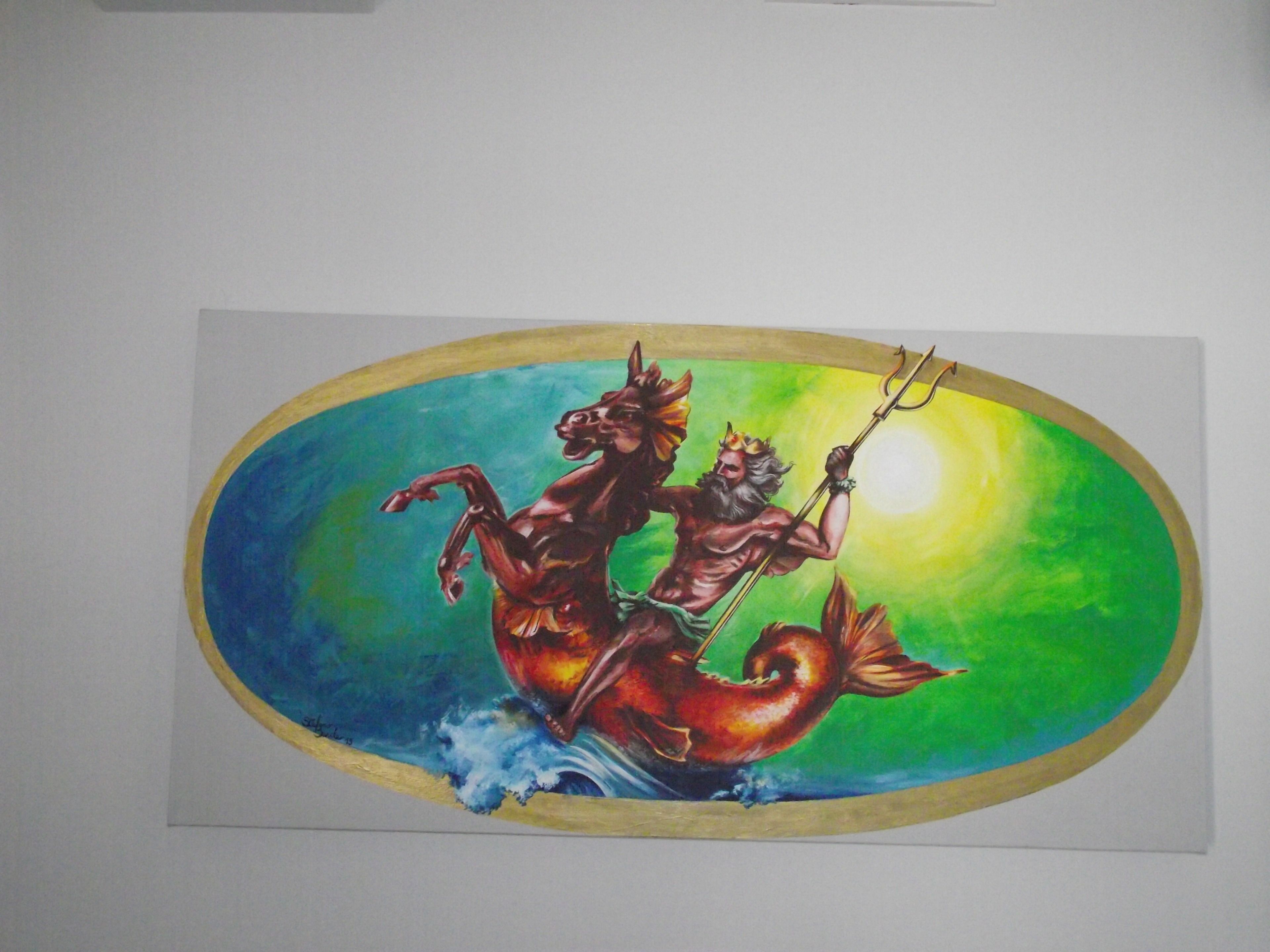 A painting of a mythological figure on a chariot, surrounded by a circular frame.