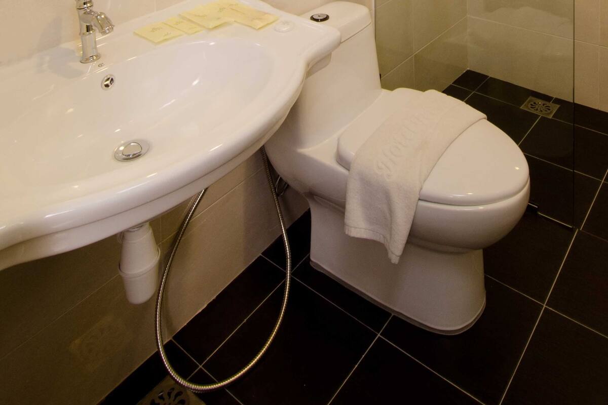 Shower, free toiletries, towels