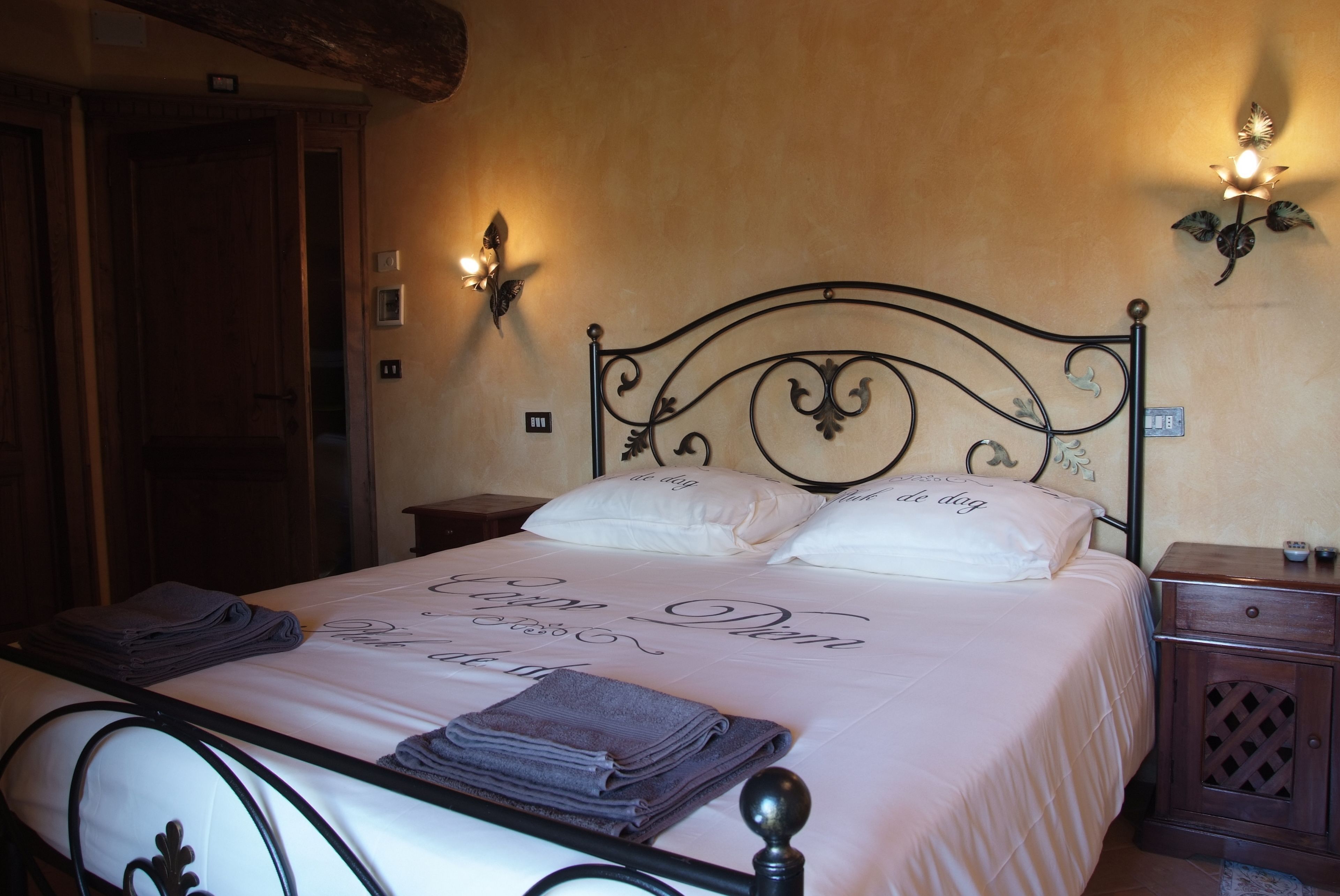 Premium bedding, desk, laptop workspace, blackout curtains