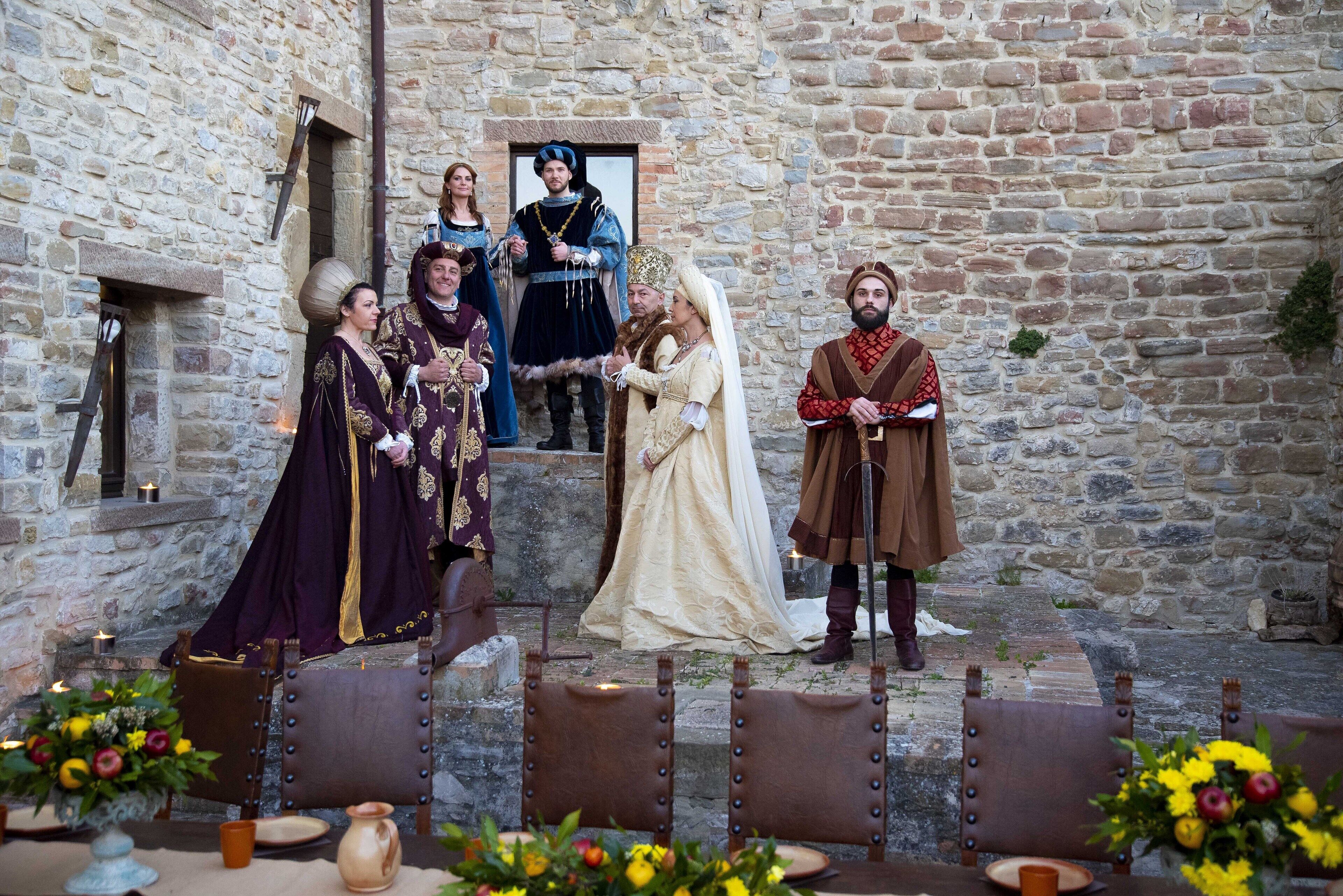 A medieval-themed outdoor setting with stone walls and a stone staircase.