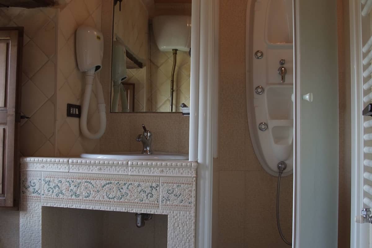 Shower, rainfall showerhead, free toiletries, hair dryer