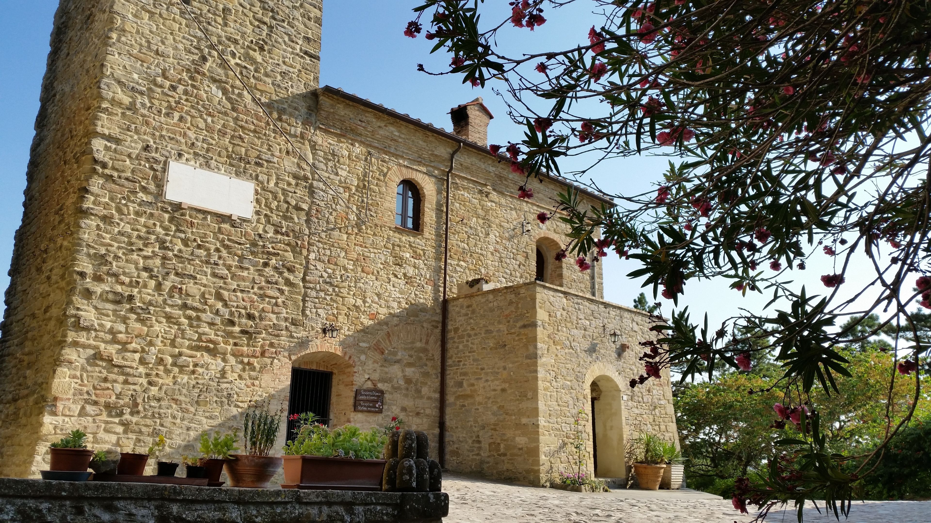 A stone building with a large arched entrance and a smaller window, surrounded by potted plants.