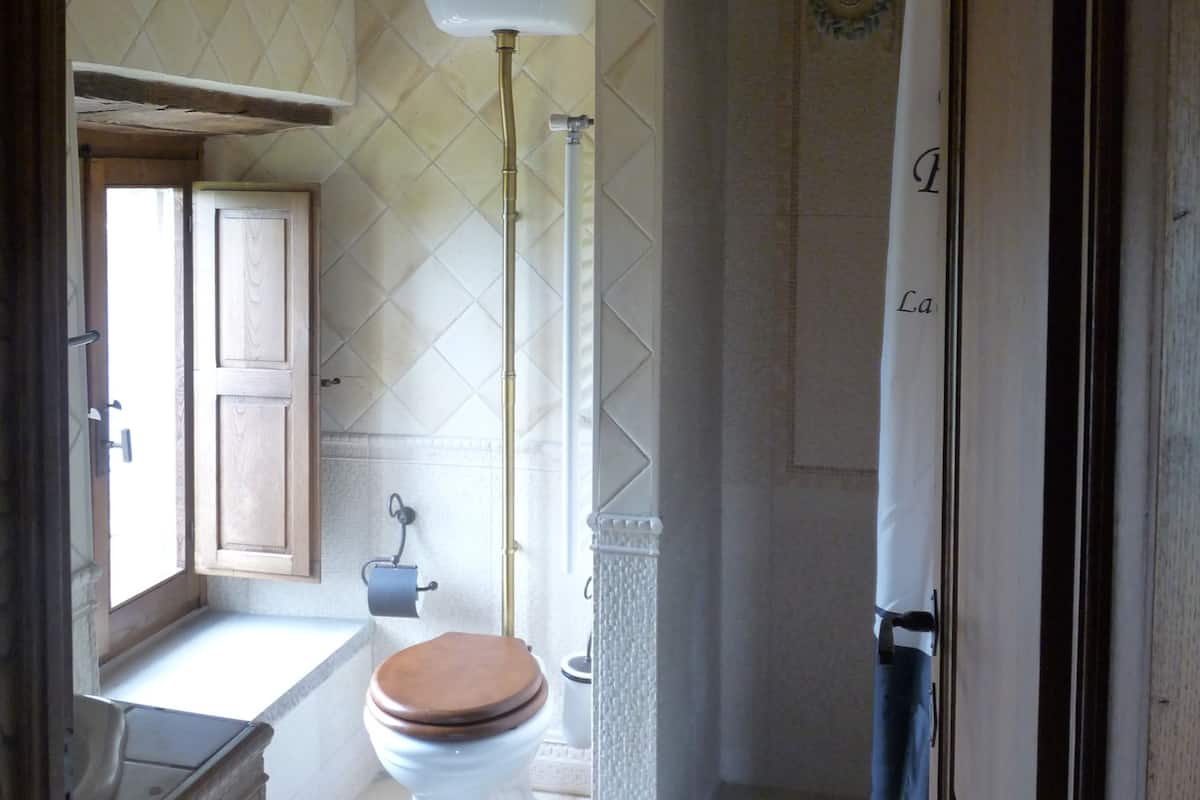 Shower, rainfall showerhead, free toiletries, hair dryer