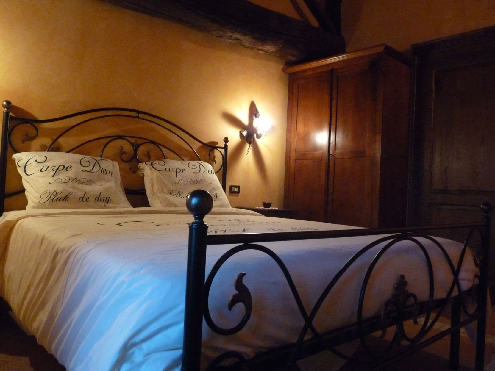 Premium bedding, desk, laptop workspace, blackout curtains